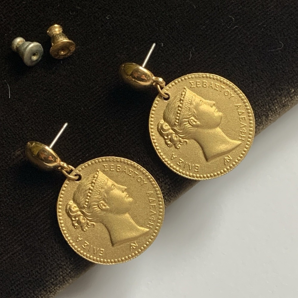 Vintage Monet Gold Tone Drop Dangle Greek Coin Pierced Earrings Gypsy BoHo